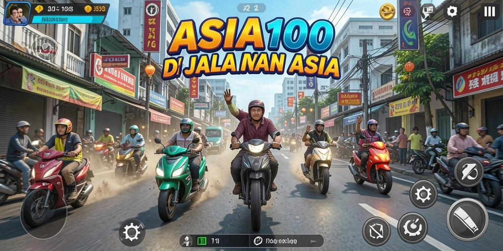 Screenshot menampilkan aksi balapan seru di ASIA100 dengan grafis menawan.