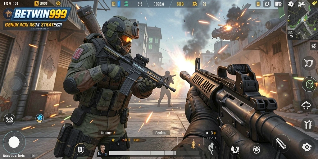 Screenshot gameplay BETWIN999 menunjukkan aksi seru dalam pertempuran FPS.