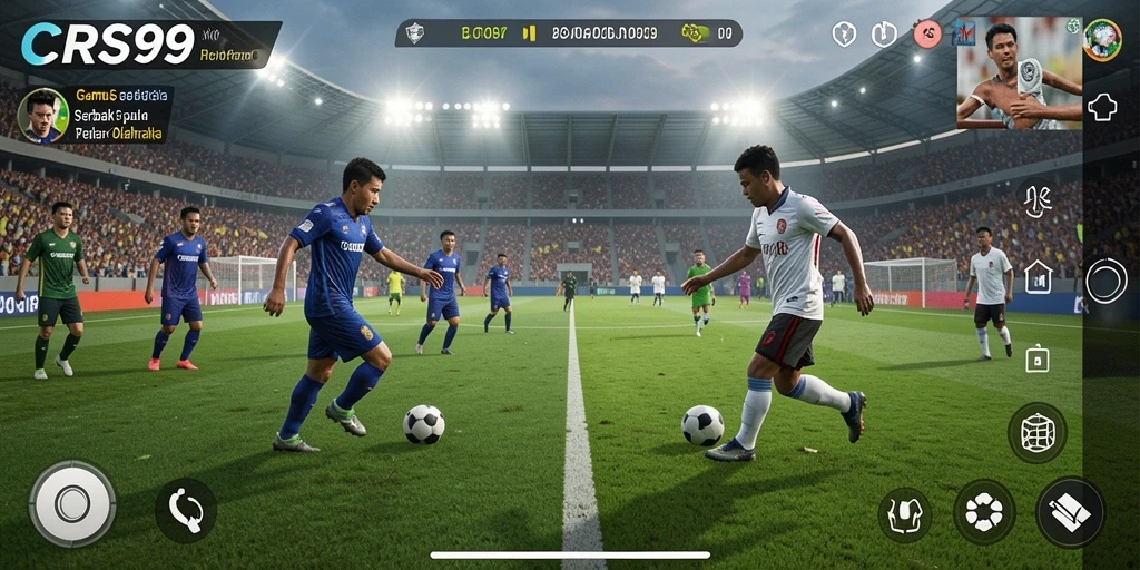 Screenshot gameplay CRS99 yang menunjukkan aksi seru di lapangan sepak bola.