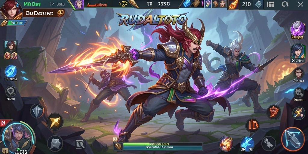 Screenshot RUDALTOTO menampilkan pertarungan karakter yang seru di arena MOBA.